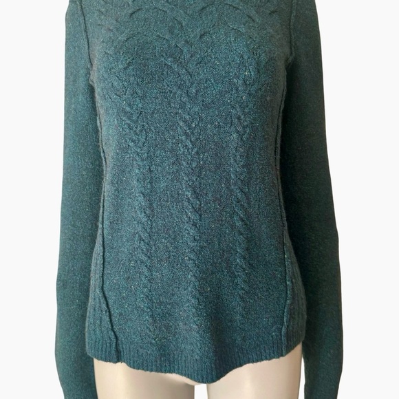 FREE PEOPLE Teal Blue Cable Knit Sweater Mock Neck Wool Blend Soft Size S - Picture 9 of 16
